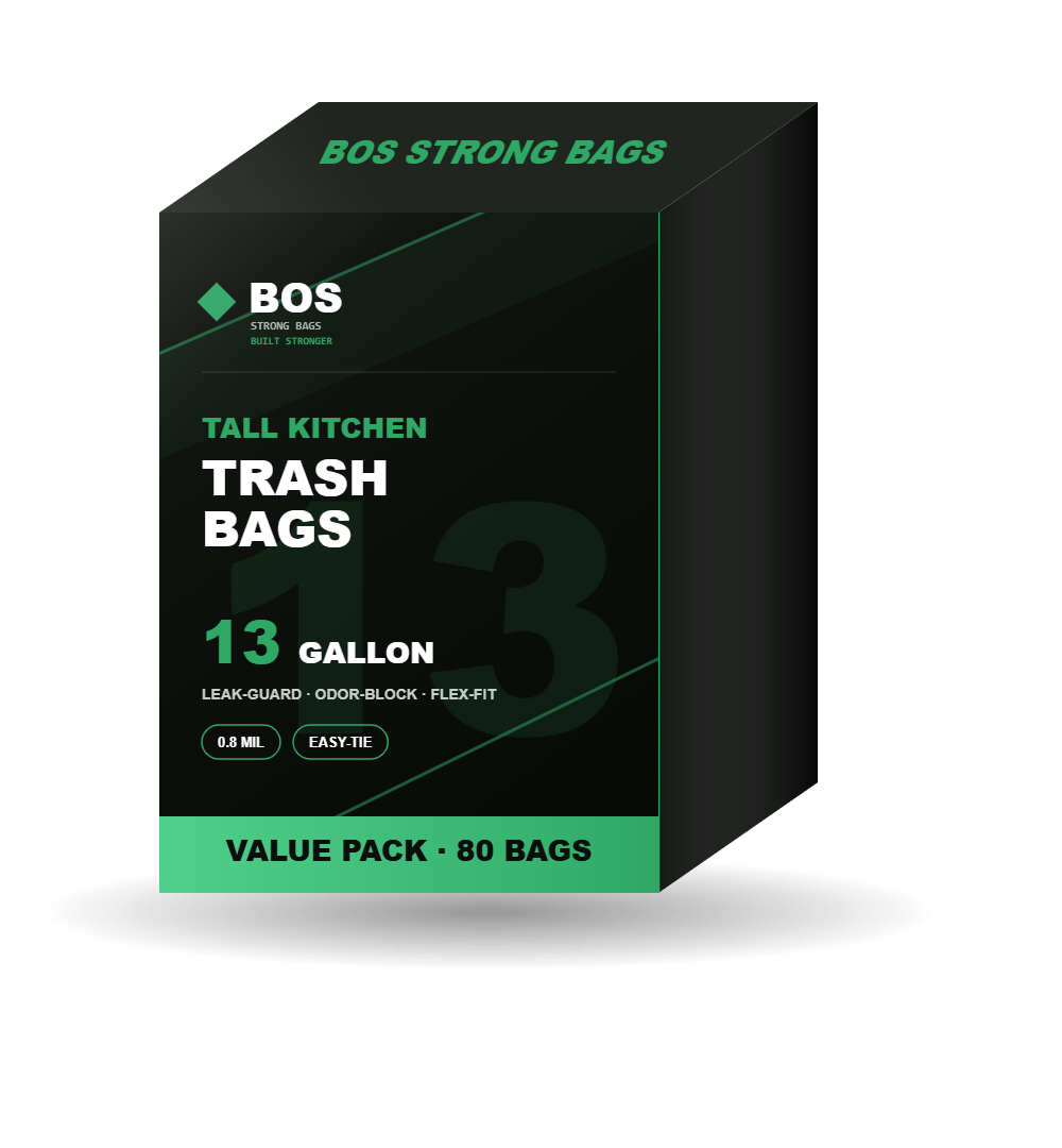 BOS Strong Bags Tall Kitchen 13 Gallon trash bags, 80 count value pack
